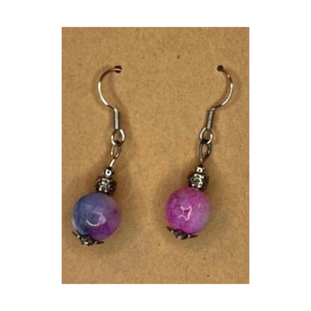 Handmade Galaxy Sphere Drop Earrings Purple Pink Silver Tone Hardware